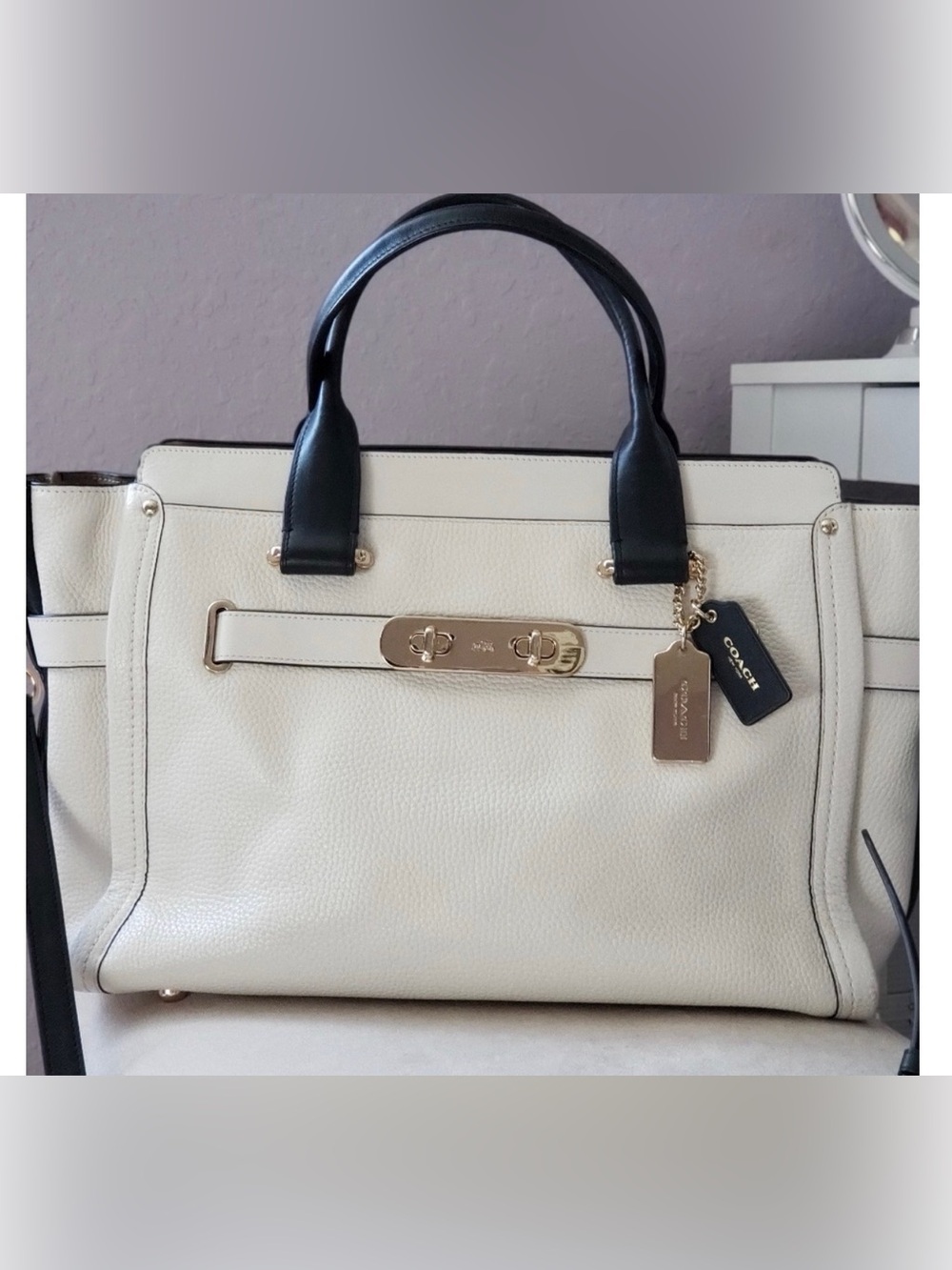 Coach Cream and Black Pebbled Leather Satchel with Gold Hardware